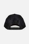 Back view of black Rusty R Dot Trucker Cap with adjustable strap.