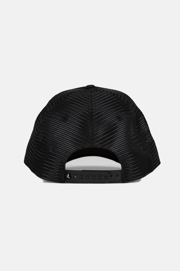 Back view of black Rusty R Dot Trucker Cap with adjustable strap.