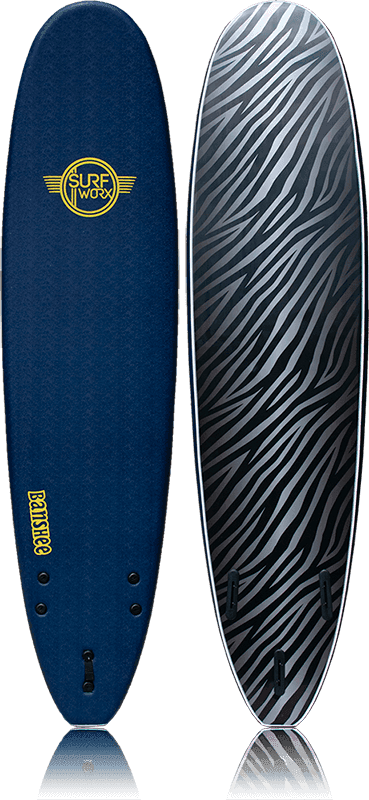 Alder Surfworx Banshee Mini Mal 7ft softboard with blue deck and zebra-striped bottom.
