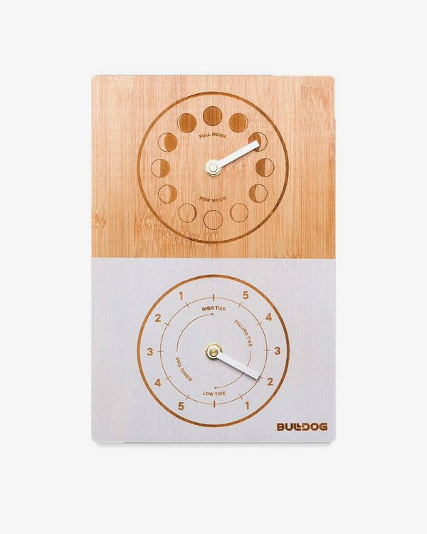 Bulldog Tide Clock Double Dial with moon phase and tide indicators.