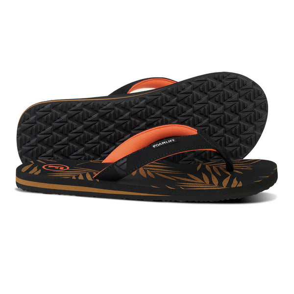 FoamLife Zikat SC flip flops showing black sole, orange accents, and tropical print.