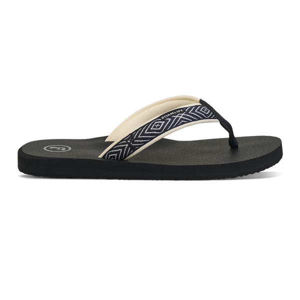 Side profile of FoamLife Yogi black flip flops with geometric strap design.