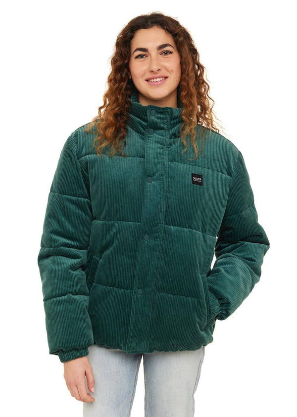 Front view of Sisstr Mara Corduroy Puff Jacket in green with a high collar.