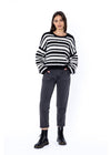 Front view of Sisstr Ocean Shores Sweater in black with white stripes.