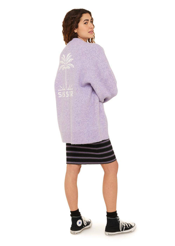 Back view of lavender Sisstr Maggie Gilet featuring palm tree jacquard and logo.