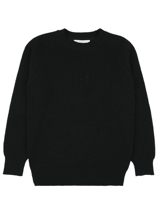Flat lay of Sisstrevolution Barra Crew Sweater in black, showcasing ribbed texture.