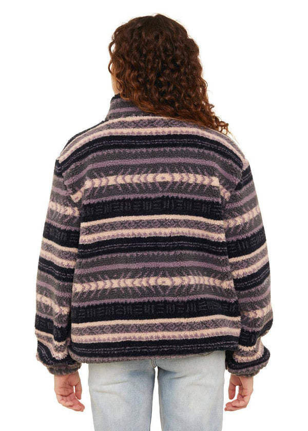 Sisstrevolution Smooth Sherpa Fleece in Grey Heather with striped design, back view.