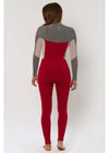 Sisstrevolution 7 Seas 3/2 chest full wetsuit in red with gray sleeves, back view.