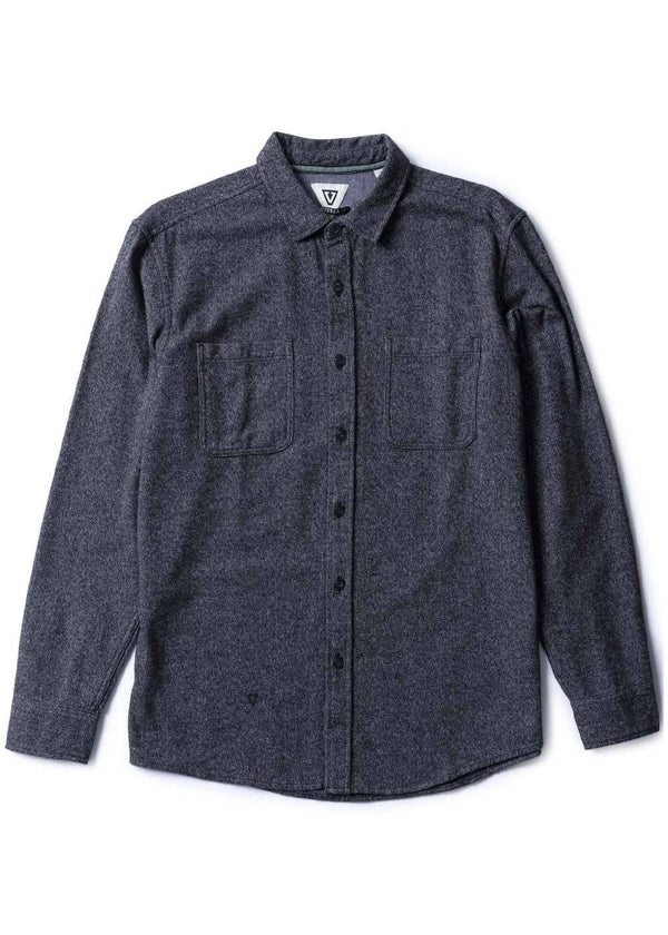 Vissla Shaper Eco Flannel in black, front view of long sleeve shirt.