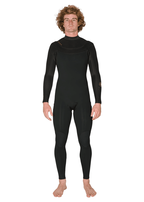 Vissla New Seas 5-4 U-Zip Wetsuit in black, front view.