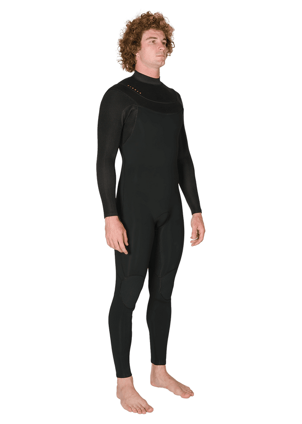 Vissla New Seas 5-4 U-Zip Wetsuit in black, side angle view.