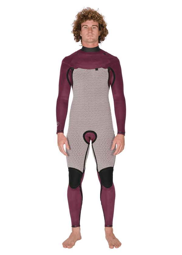 Vissla New Seas 5-4 U-Zip Wetsuit in maroon interior, front view.