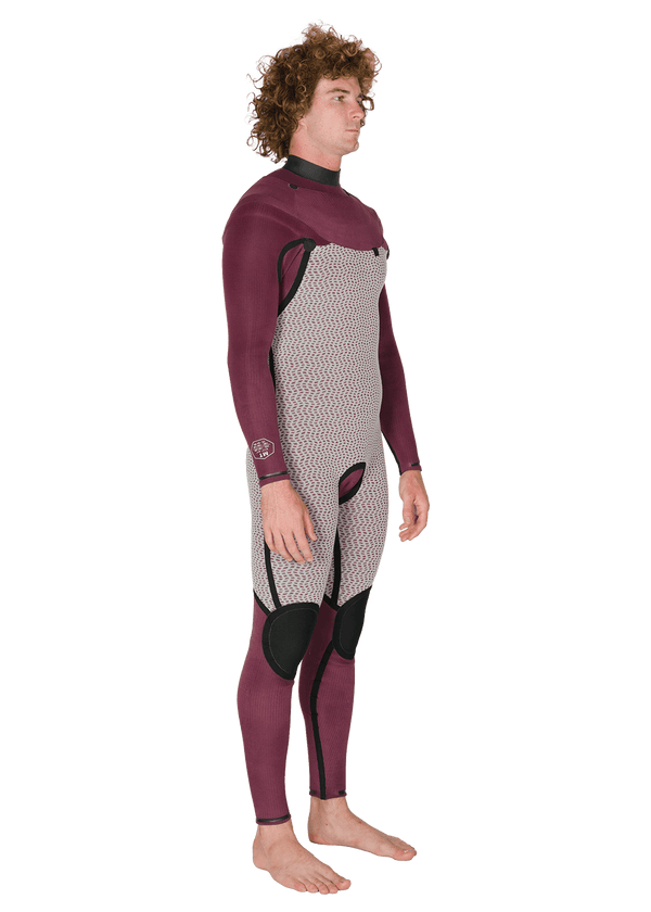Vissla New Seas 5-4 U-Zip Wetsuit in maroon interior, side angle view.