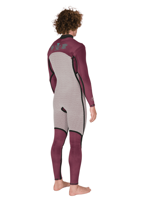 Vissla New Seas 5-4 U-Zip Wetsuit in maroon interior, back angle view.