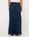 Back view of Rusty Celeste low-rise denim maxi skirt showcasing rear pockets.