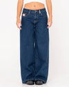 Front view of Rusty Low Rise Super Wide Leg Jean in dark blue denim.