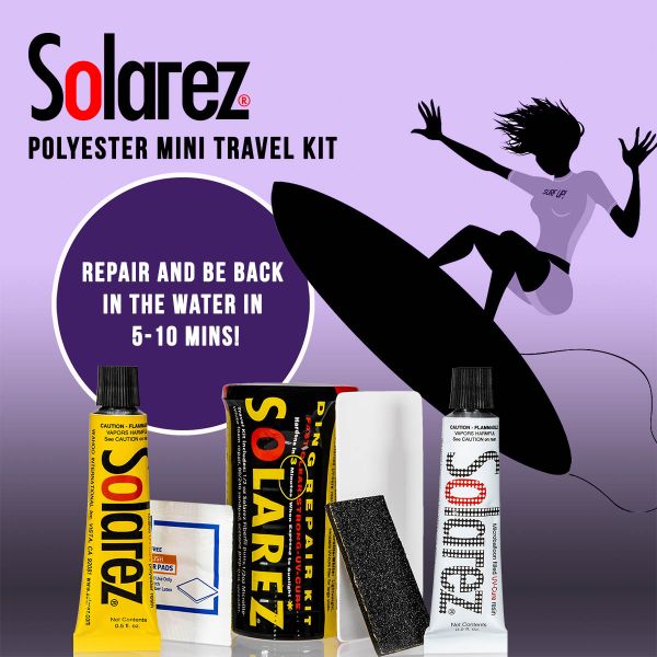 Solarez Polyester Mini Travel Kit for quick surfboard repairs in 5-10 minutes.