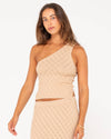 Beige Rusty Leo one shoulder top featuring a stylish textured design.