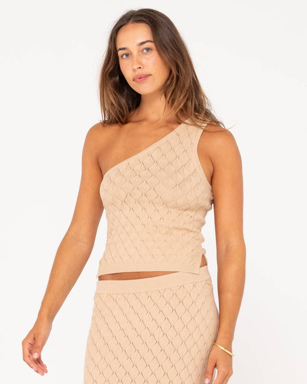 Beige Rusty Leo one shoulder top featuring a stylish textured design.