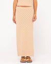 Front view of Rusty Leo Maxi Knit Skirt with diamond pattern and high waist.