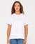 Rusty Jill Standard Fit Tee in white with front logo text, worn by a model.