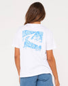 Back view of Rusty Jill Standard Fit Tee featuring blue floral graphic design.
