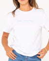 Front view of Rusty Jill Standard Fit Tee showcasing subtle logo text.