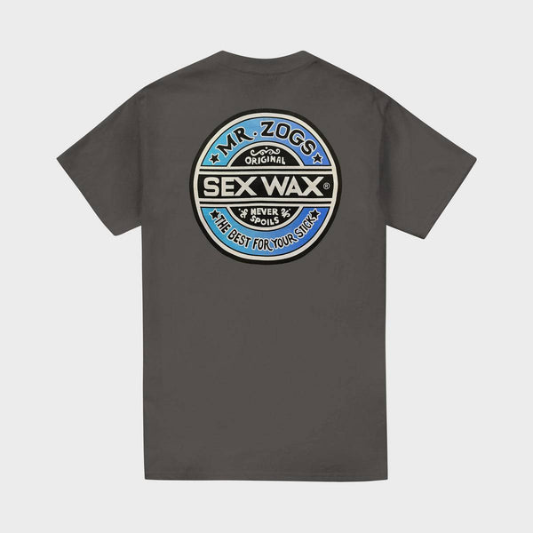 Sexwax Word Fade Tee in charcoal with large logo on back.