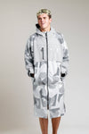 White Water Adult Soft Shell Robe in Arctic Camo, full front view with pockets.