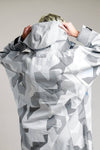 White Water Adult Soft Shell Robe in Arctic Camo, back view with hood up.