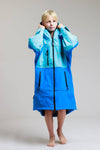 White Water Kids Soft Shell Robe in cobalt blue, front view with hood up.