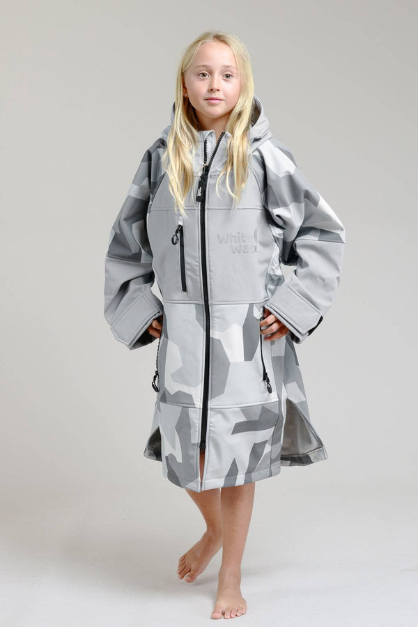White Water Kids Soft Shell Robe in Arctic Camo, full front view on girl.