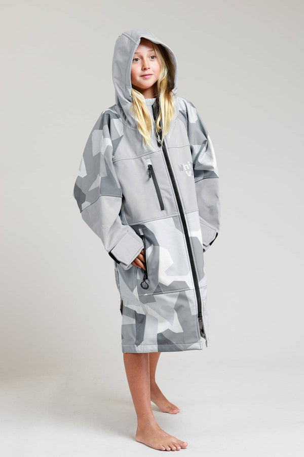 White Water Kids Soft Shell Robe in Arctic Camo, hooded view on girl.