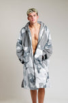 White Water Adults Hard Shell Robe in Arctic Camo/Grey, open front view on male model.