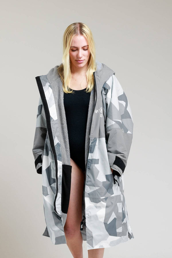 White Water Adults Hard Shell Robe in Arctic Camo/Grey, front view on female model.