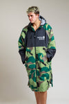 White Water Adults Hard Shell Robe in camo design, front view with hood.