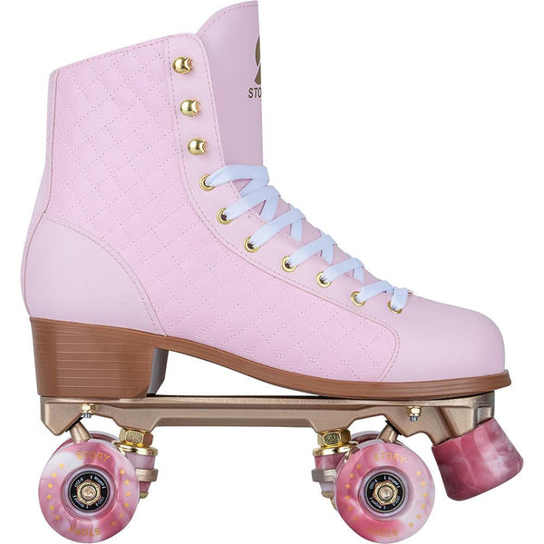 Story Phoenix Side by Side Skates in peach gold with quilted design.