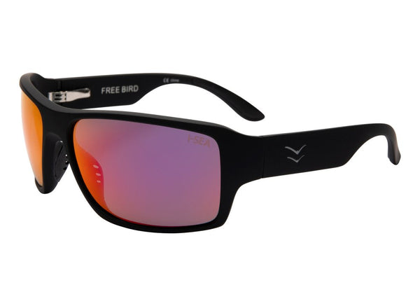 I-Sea Free Bird sunglasses with black frame and red polarized lenses, side view.