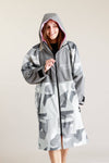 White Water adult hard shell robe in Arctic camo with pink lining, hooded and zipped.