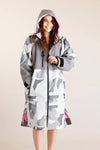White Water adult hard shell robe in Arctic camo with pink lining, full-length view.
