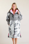 White Water adult hard shell robe in Arctic camo with pink lining, front zipped view.