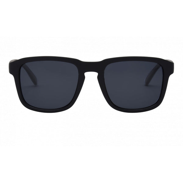 I-Sea Logan sunglasses in black with smoke polarized lenses, front view.