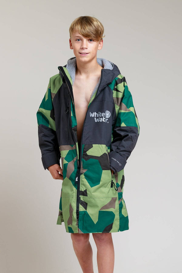 Front view of White Water Kids Hard Shell Robe in camo with fleece lining.