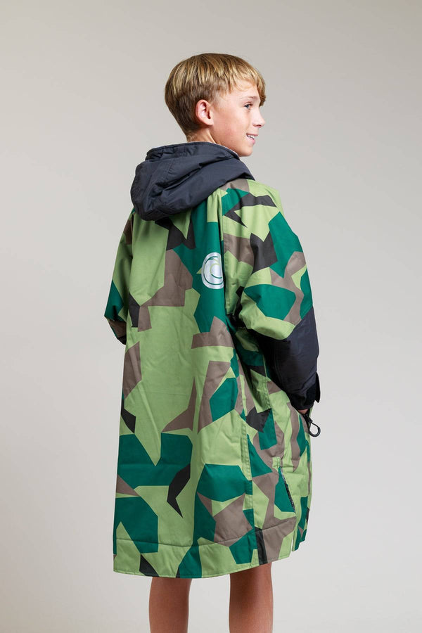 Back view of White Water Kids Hard Shell Robe in camo pattern.