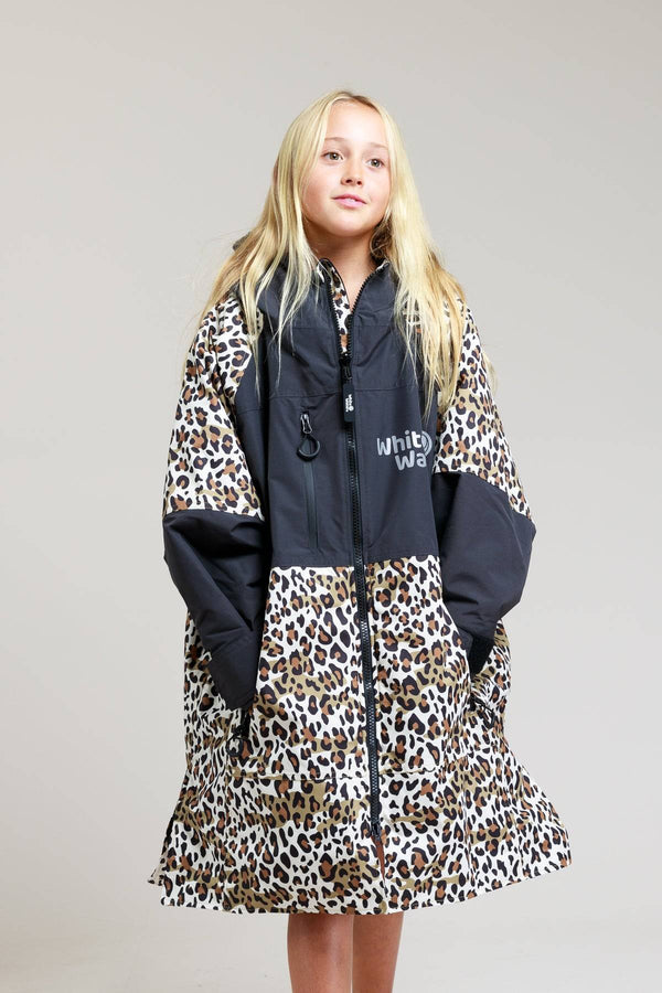 Front view of White Water kids leopard print hard shell robe.