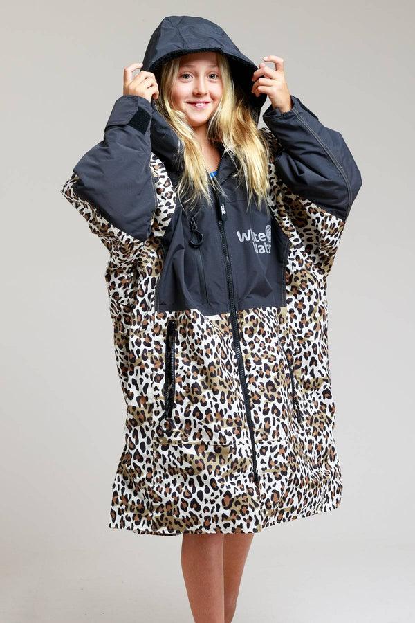 White Water kids hard shell robe with hood up, leopard print design.