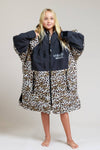 White Water kids hard shell robe with leopard print, front view.