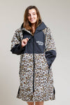 White Water Adults Hard Shell Robe in leopard print with hood and zipper.