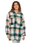 Sisstrevolution Palma Eco-zy Overshirt in coral plaid, front view.