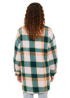 Sisstrevolution Palma Eco-zy Overshirt in coral plaid, back view.